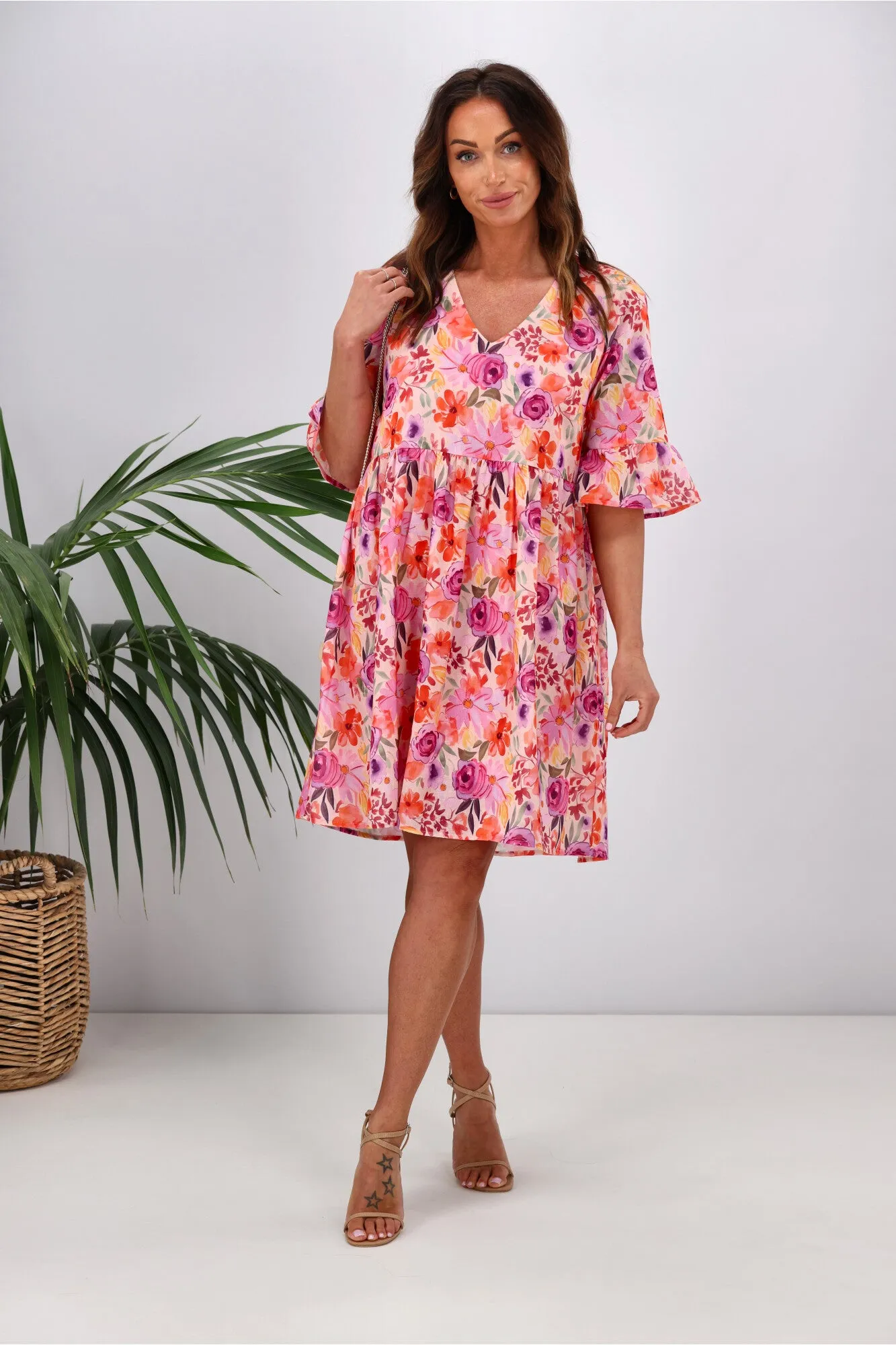 Gloss by Shine On Leila Frill Sleeve Dress Super Bright Floral