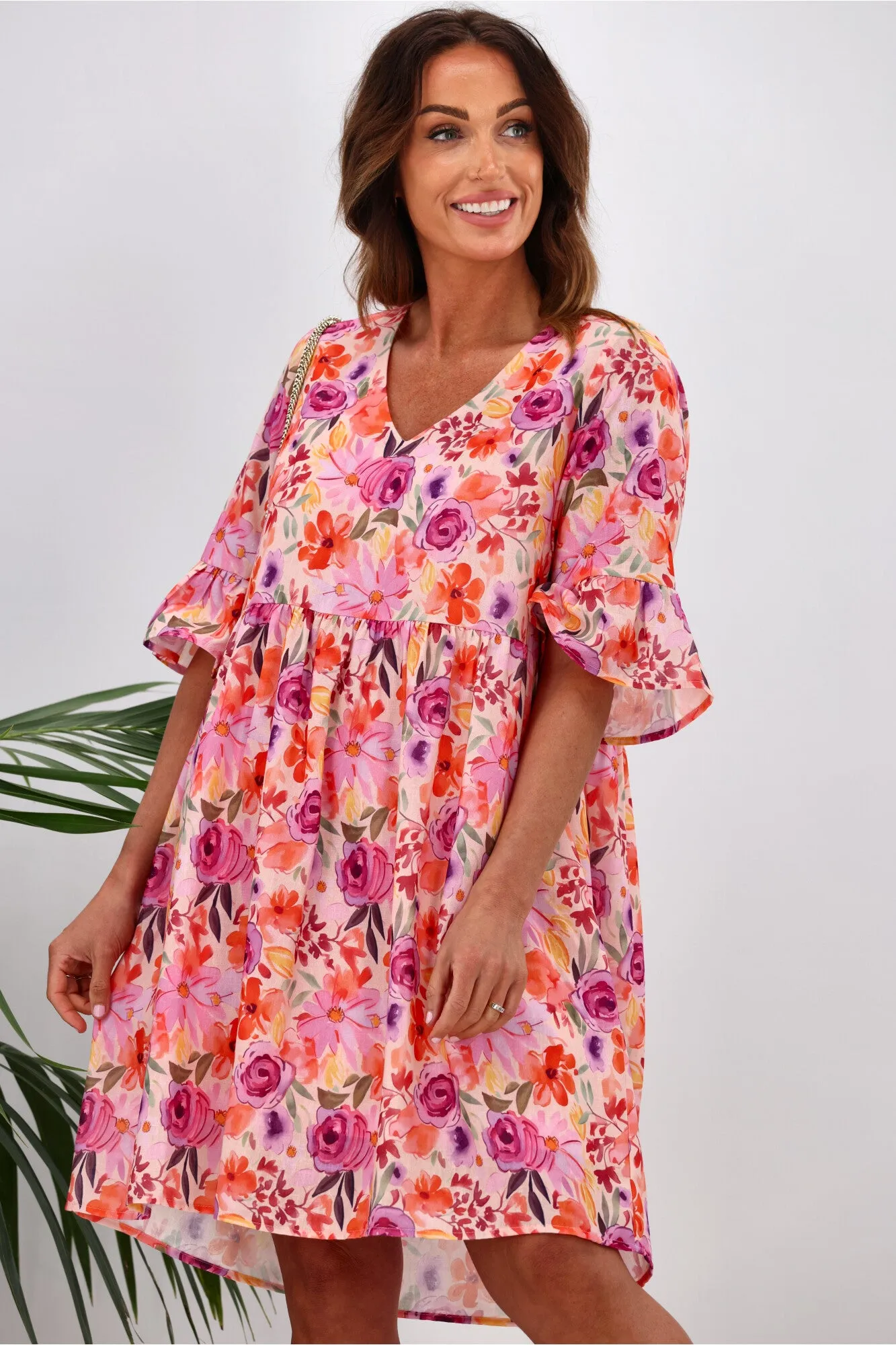 Gloss by Shine On Leila Frill Sleeve Dress Super Bright Floral