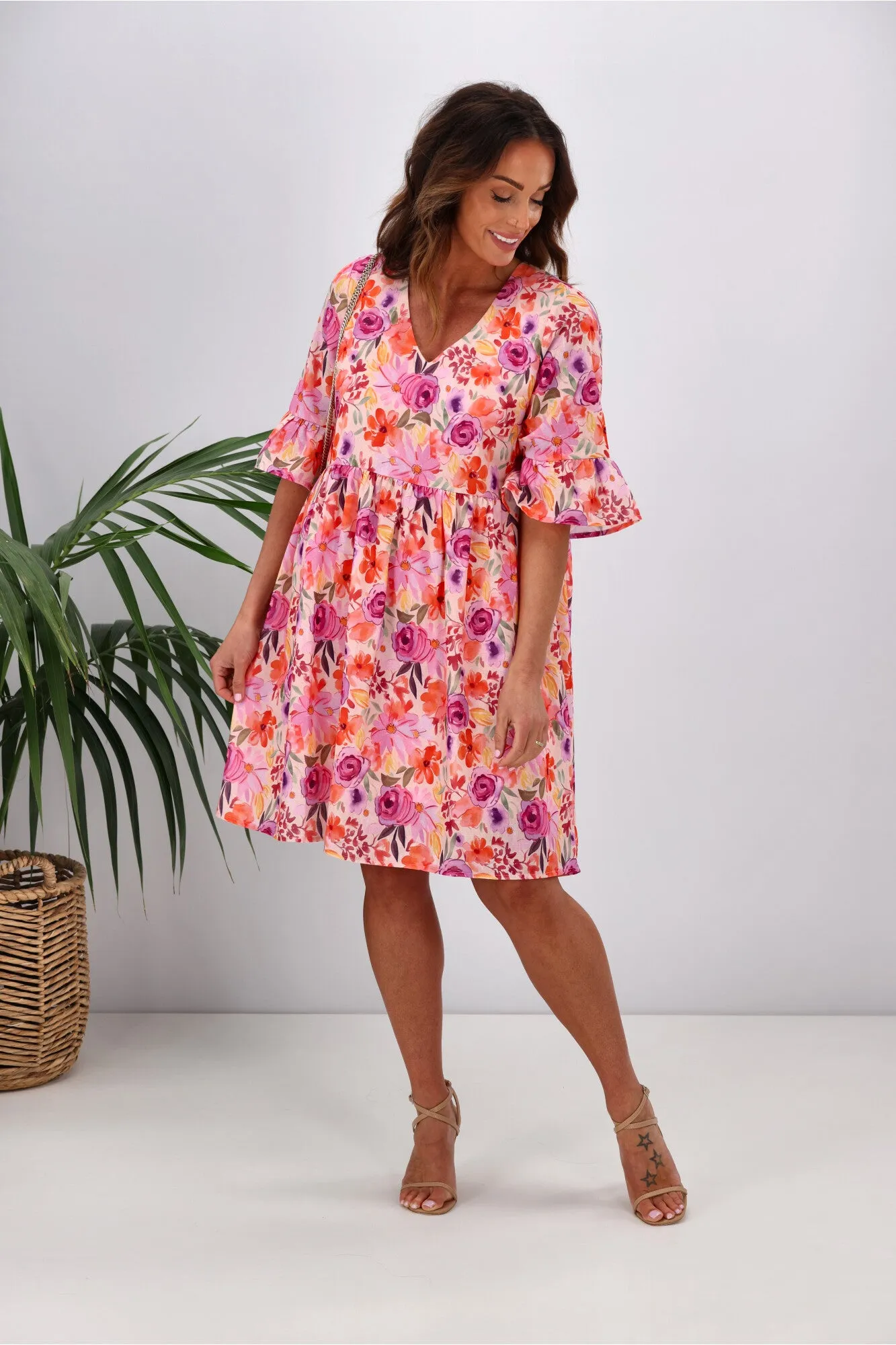 Gloss by Shine On Leila Frill Sleeve Dress Super Bright Floral