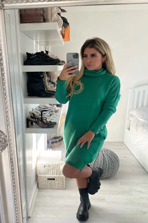 GREEN POLO NECK BUTTON DETAIL FLAT KNIT LONG JUMPER DRESS