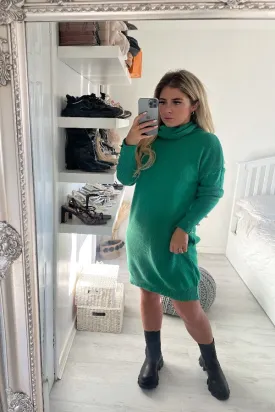 GREEN POLO NECK BUTTON DETAIL FLAT KNIT LONG JUMPER DRESS