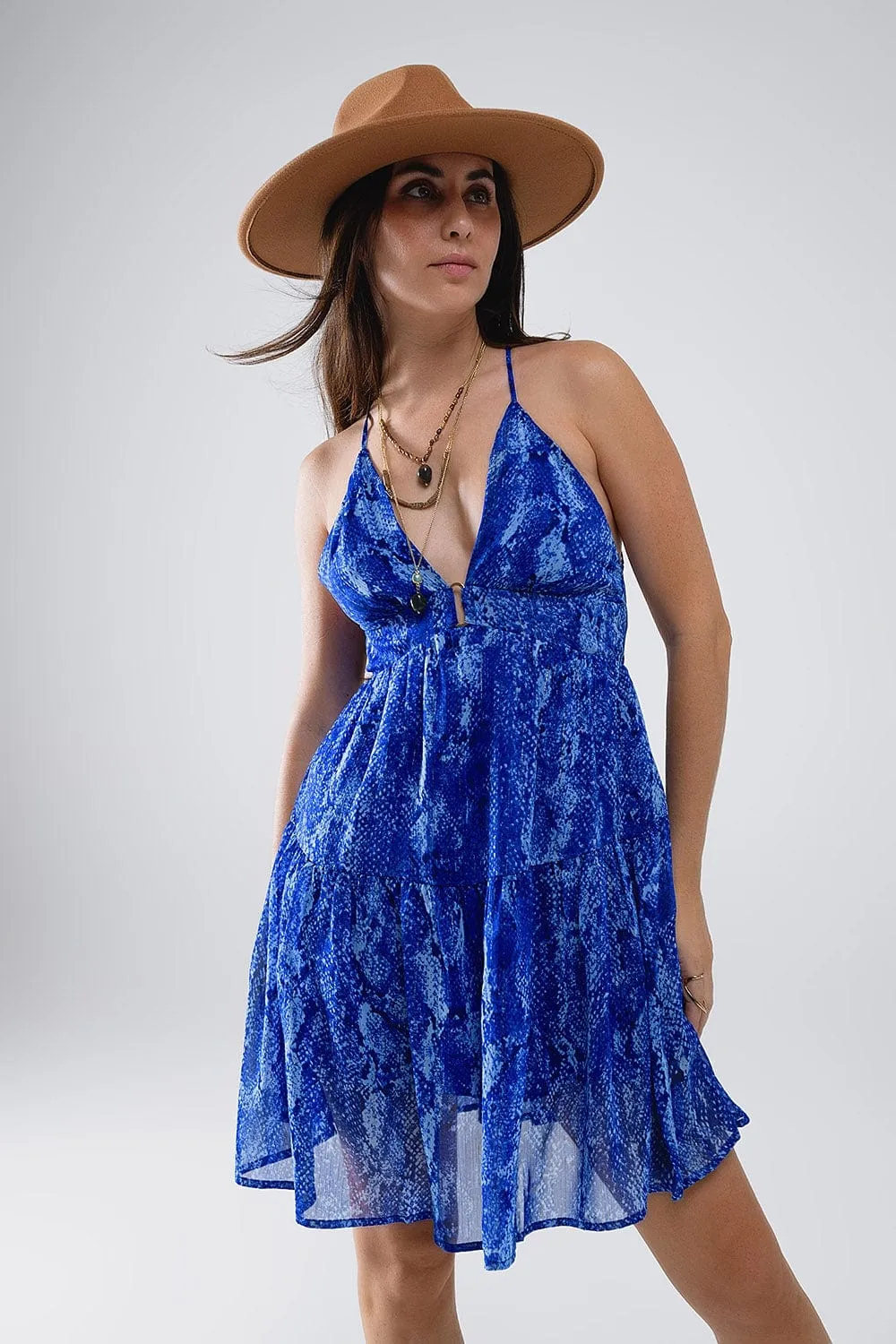Halter Open Back Babydoll Dress In Snake Blue Print