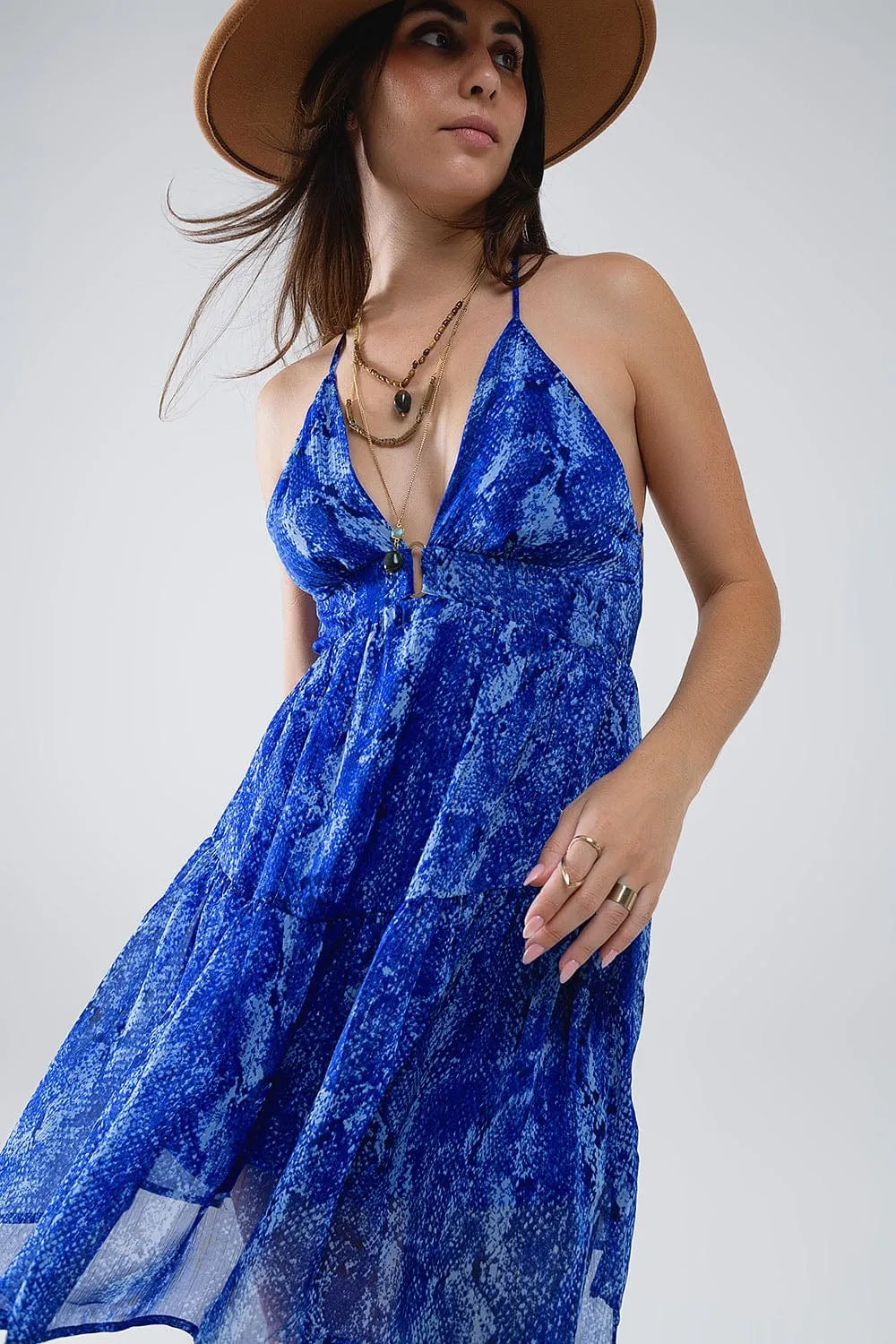Halter Open Back Babydoll Dress In Snake Blue Print