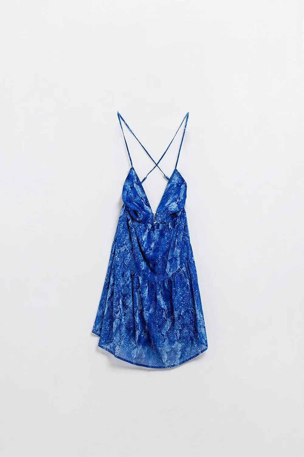 Halter Open Back Babydoll Dress In Snake Blue Print