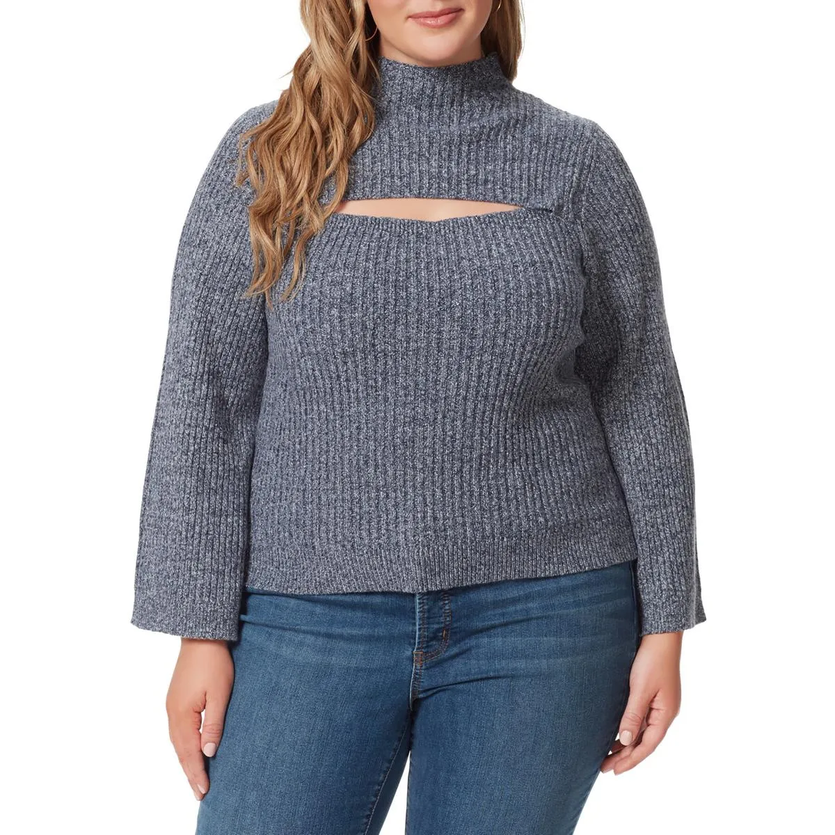 Jessica Simpson Womens Plus Funnel Neck Long Sleeve Pullover Sweater