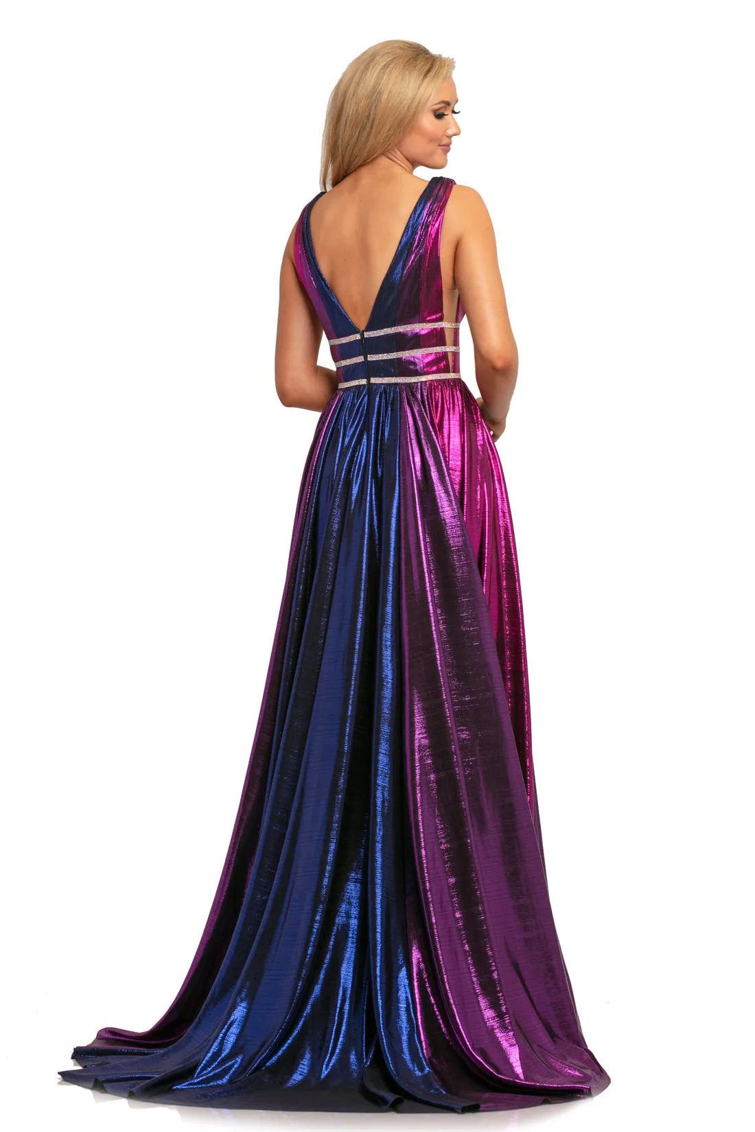 Johnathan Kayne 2008 Size 10 Silver/Multi Metallic Shimmer Prom Dress Plunging Neckline Pageant Gown