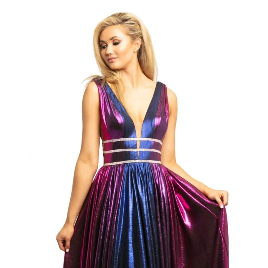 Johnathan Kayne 2008 Size 10 Silver/Multi Metallic Shimmer Prom Dress Plunging Neckline Pageant Gown