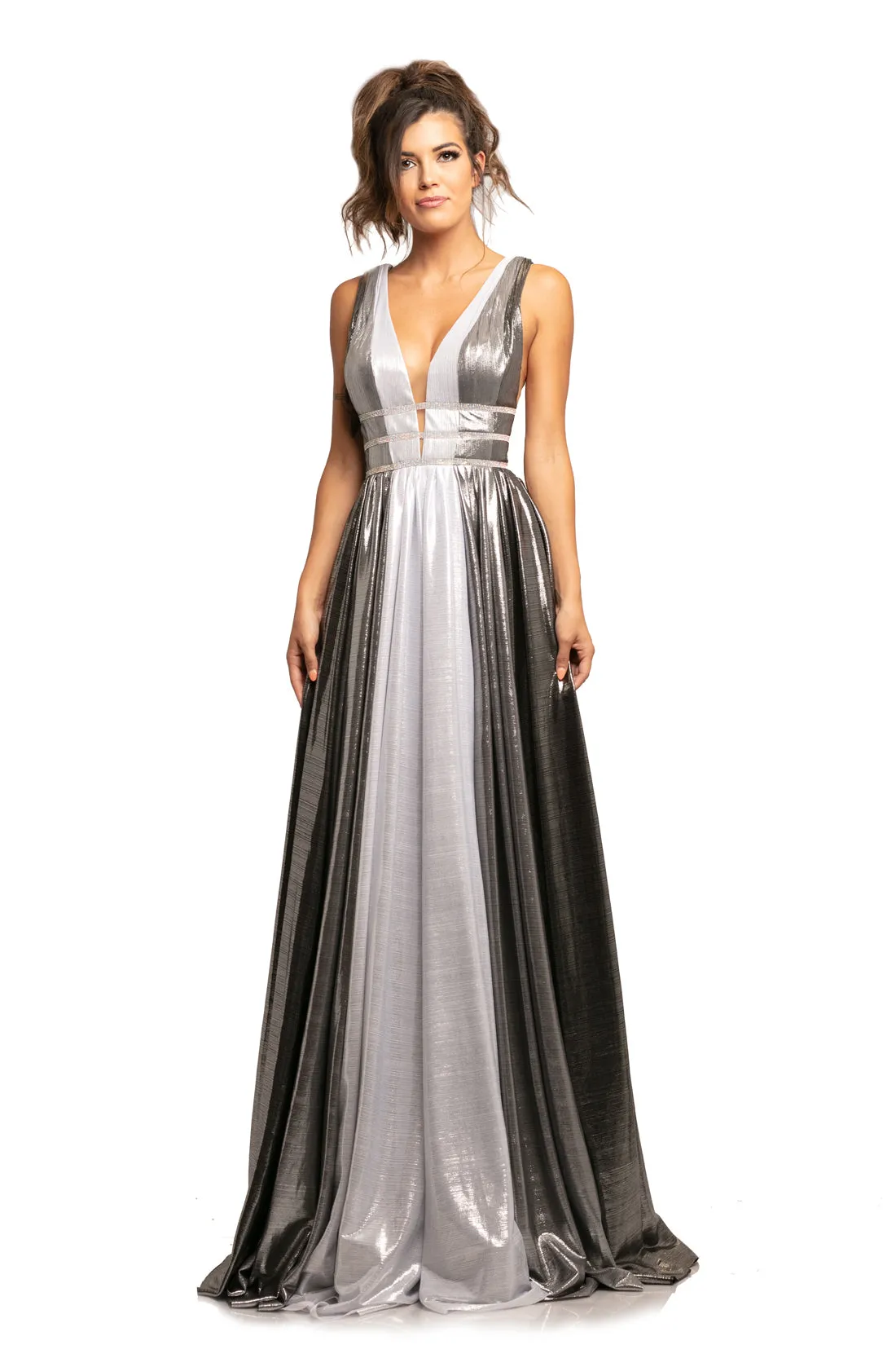 Johnathan Kayne 2008 Size 10 Silver/Multi Metallic Shimmer Prom Dress Plunging Neckline Pageant Gown