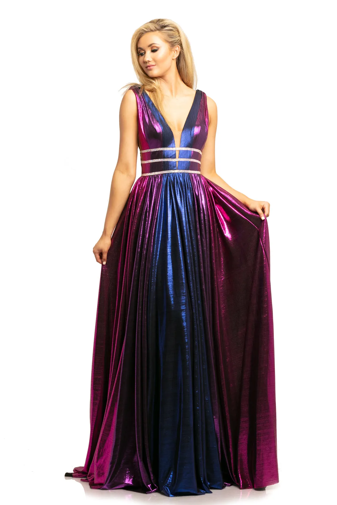Johnathan Kayne 2008 Size 10 Silver/Multi Metallic Shimmer Prom Dress Plunging Neckline Pageant Gown