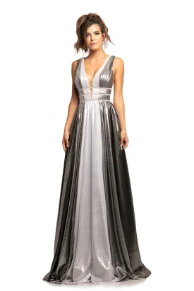 Johnathan Kayne 2008 Size 10 Silver/Multi Metallic Shimmer Prom Dress Plunging Neckline Pageant Gown