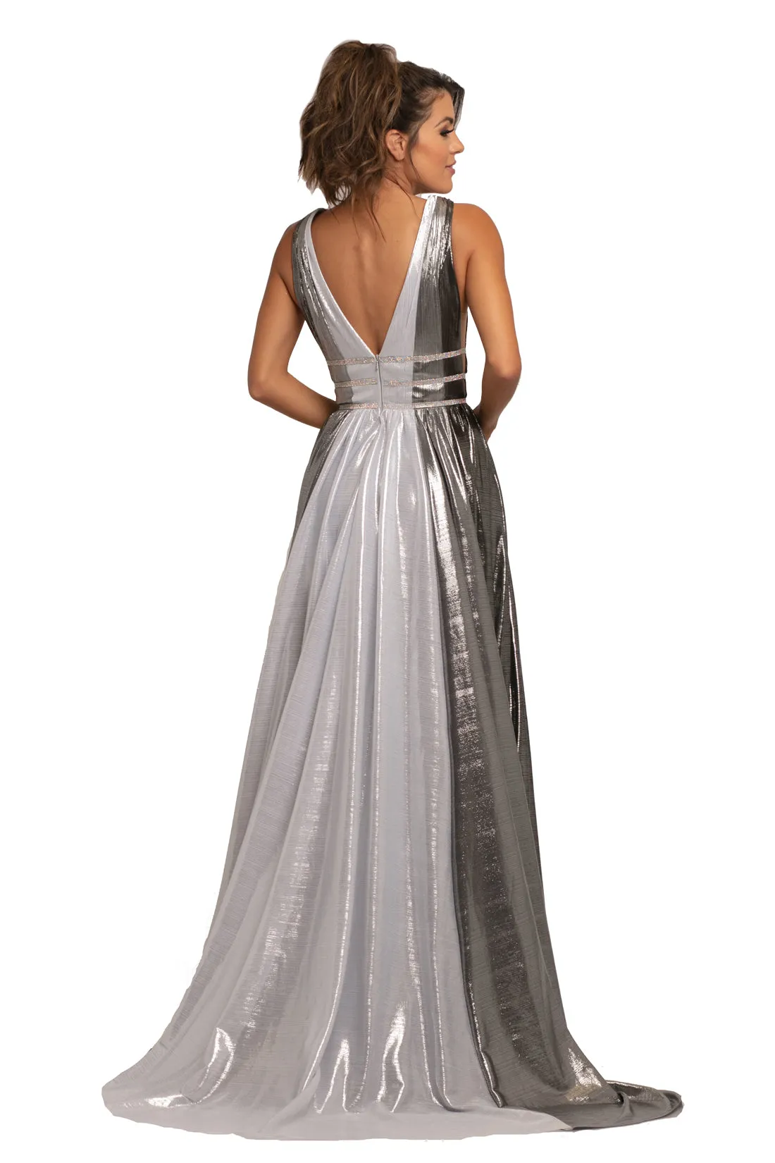 Johnathan Kayne 2008 Size 10 Silver/Multi Metallic Shimmer Prom Dress Plunging Neckline Pageant Gown