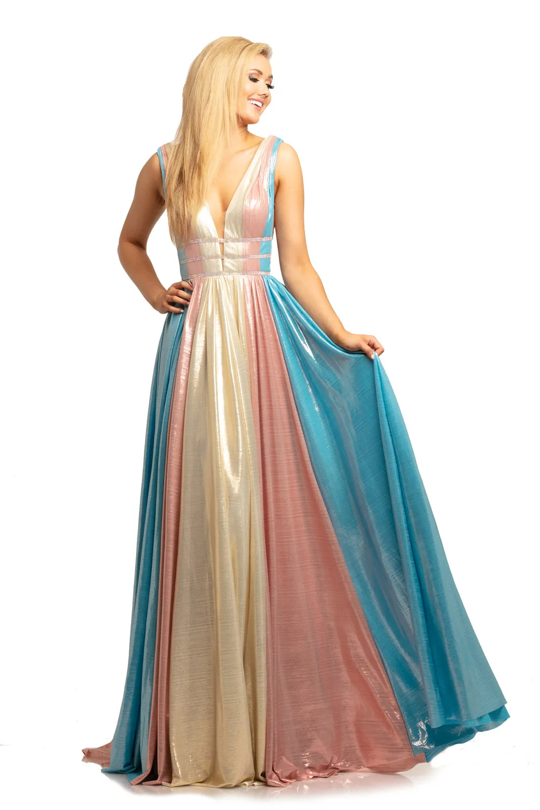 Johnathan Kayne 2008 Size 10 Silver/Multi Metallic Shimmer Prom Dress Plunging Neckline Pageant Gown