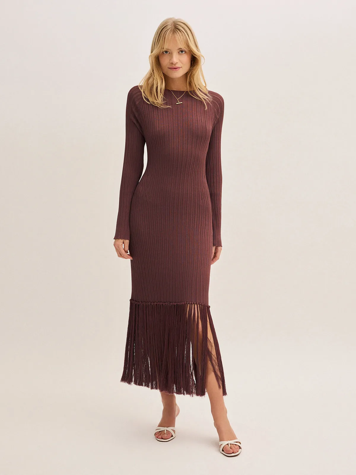 Jordana Mocha Fringed Knit Dress
