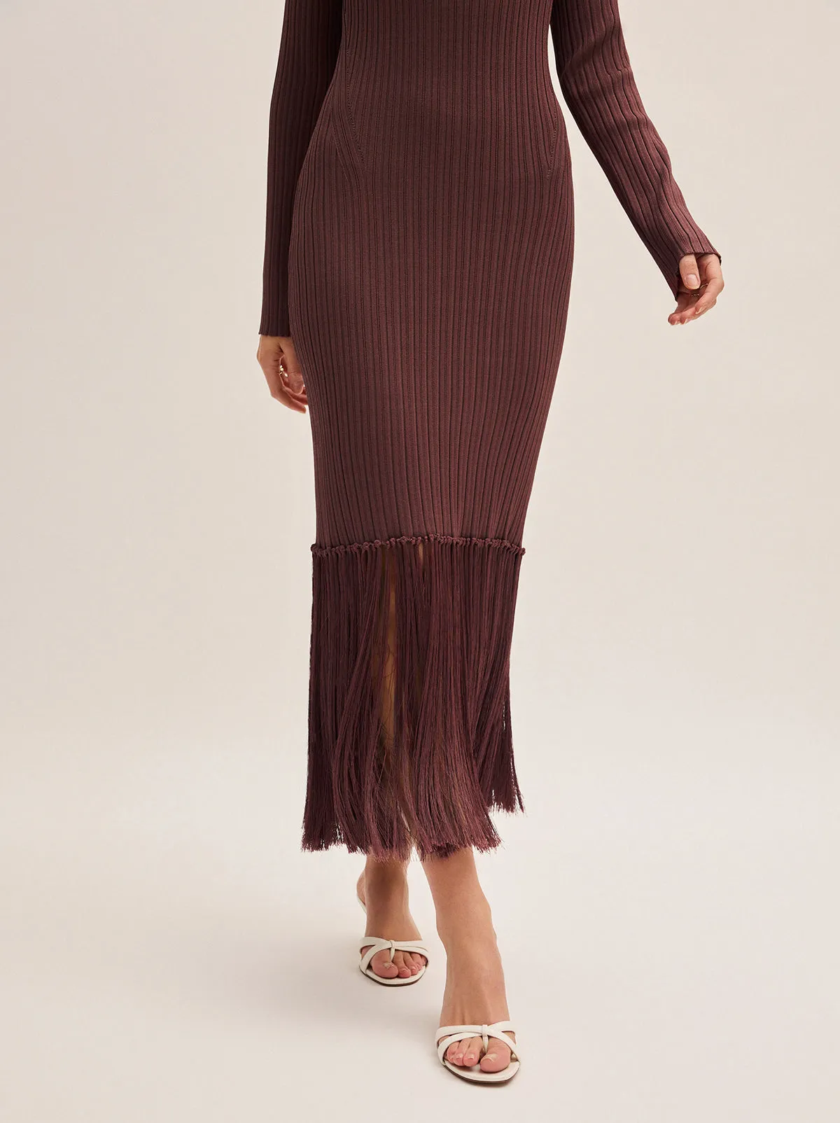 Jordana Mocha Fringed Knit Dress