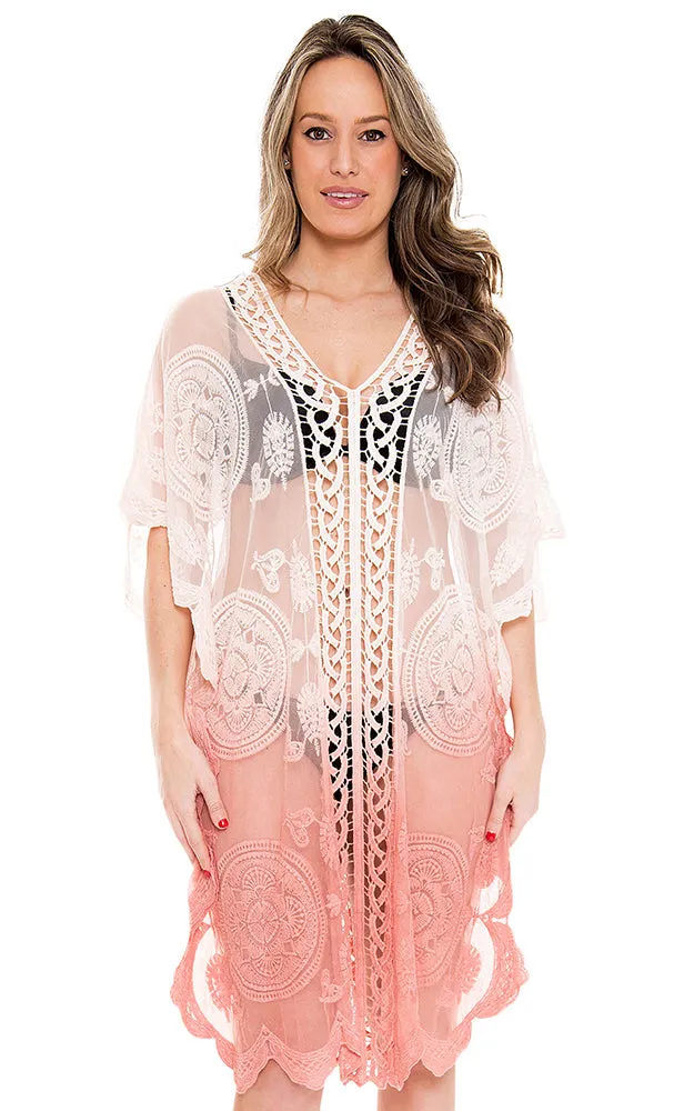 JP1612 Ombre Tribal Pattern Lace Long Mesh Poncho
