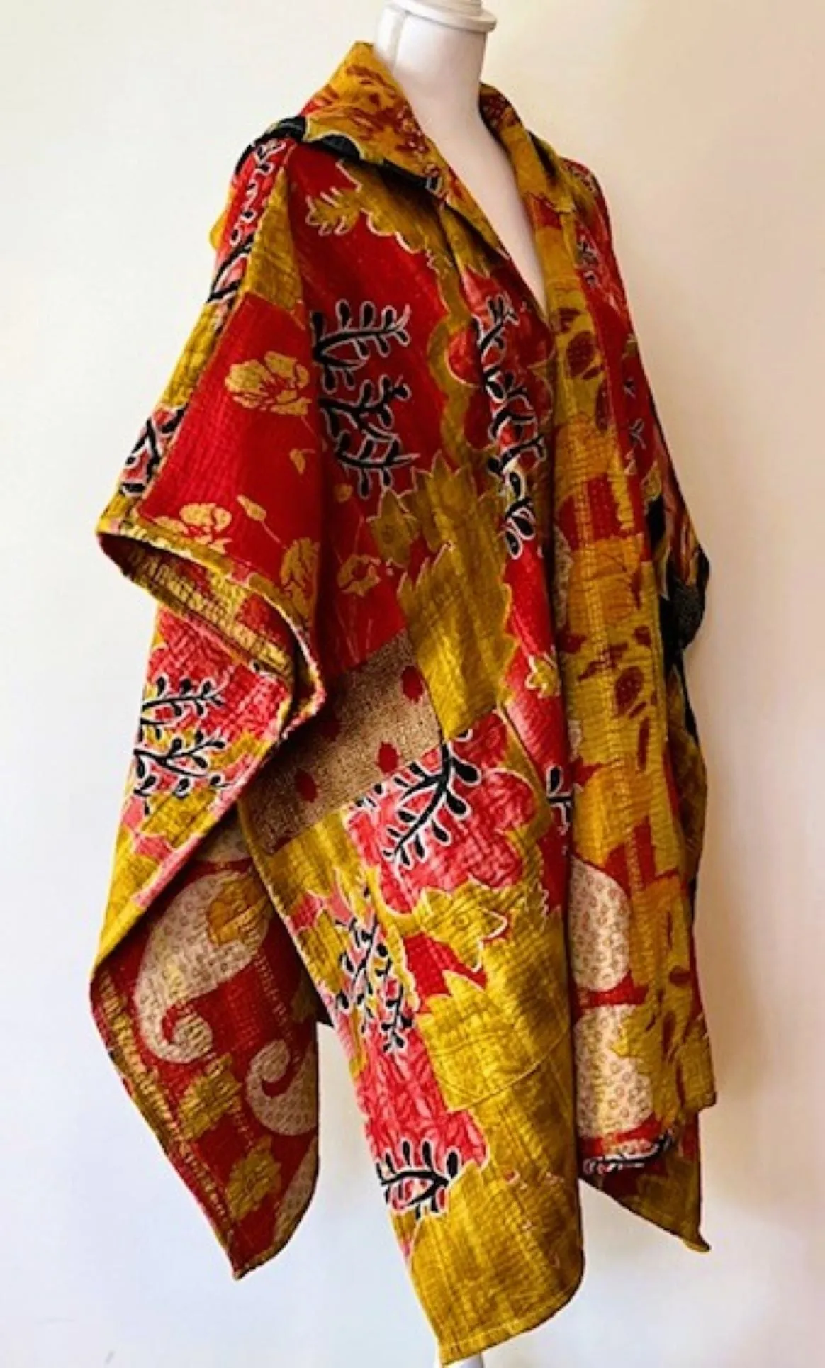 Kantha Bae Knee Length Poncho Coat - Asian Flower