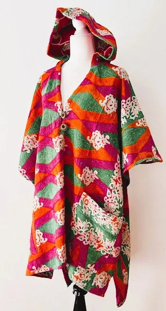 Kantha Bae Knee Length Poncho Coat (Pink with Green)