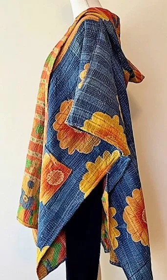 Kantha Bae Knee Length Poncho Coat - Sunflowers