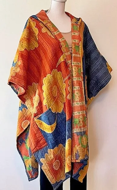 Kantha Bae Knee Length Poncho Coat - Sunflowers