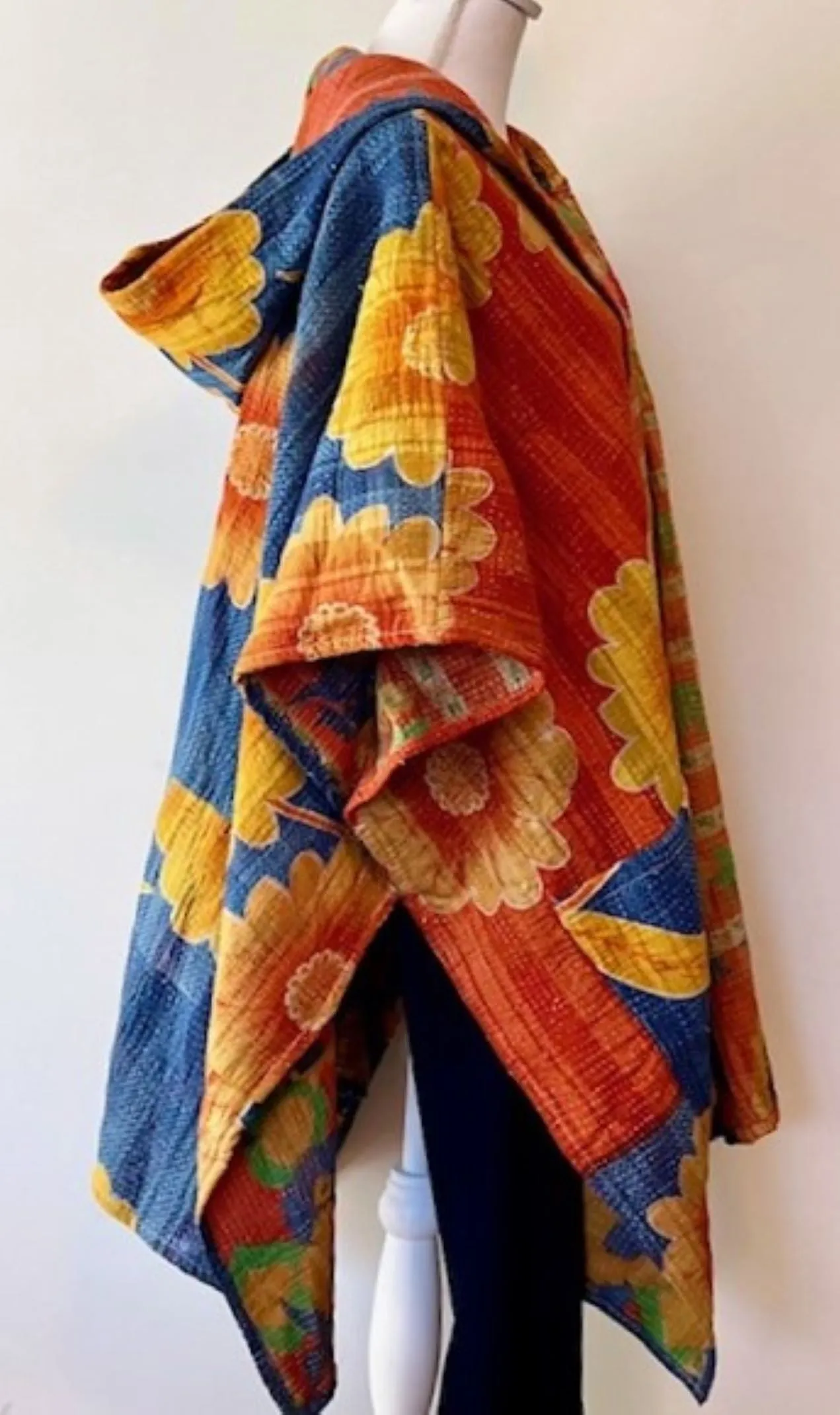 Kantha Bae Knee Length Poncho Coat - Sunflowers
