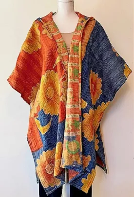 Kantha Bae Knee Length Poncho Coat - Sunflowers