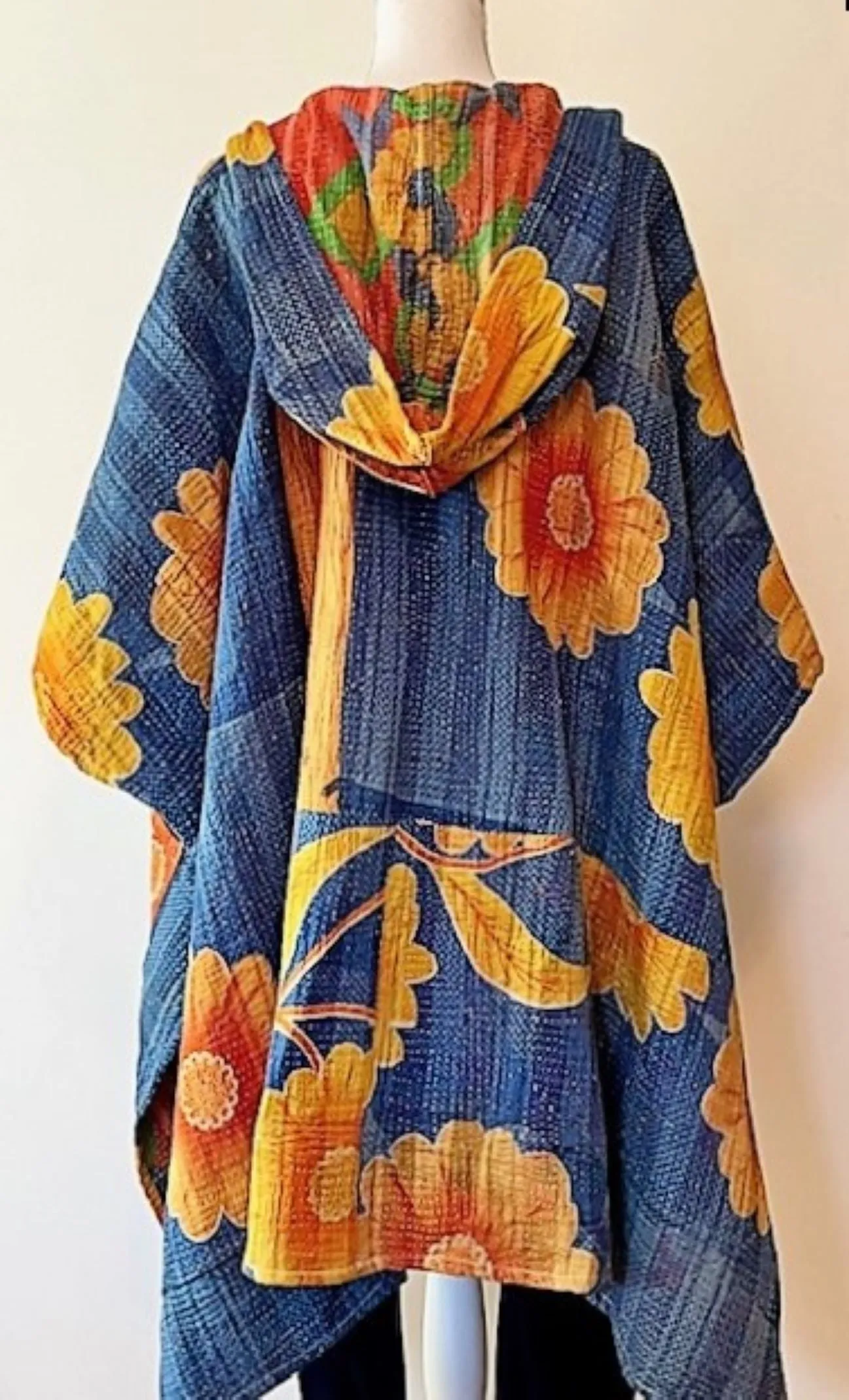 Kantha Bae Knee Length Poncho Coat - Sunflowers