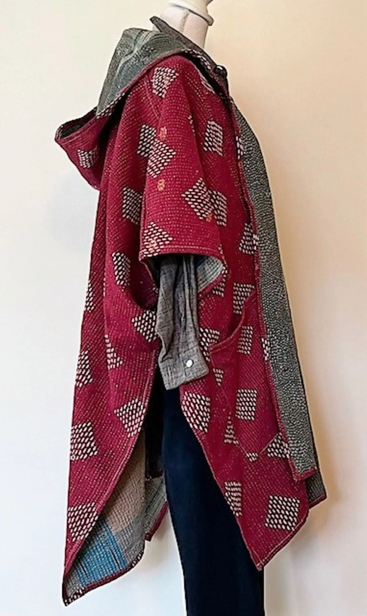 Kantha Bae Knee Length Poncho Coat - Varsity