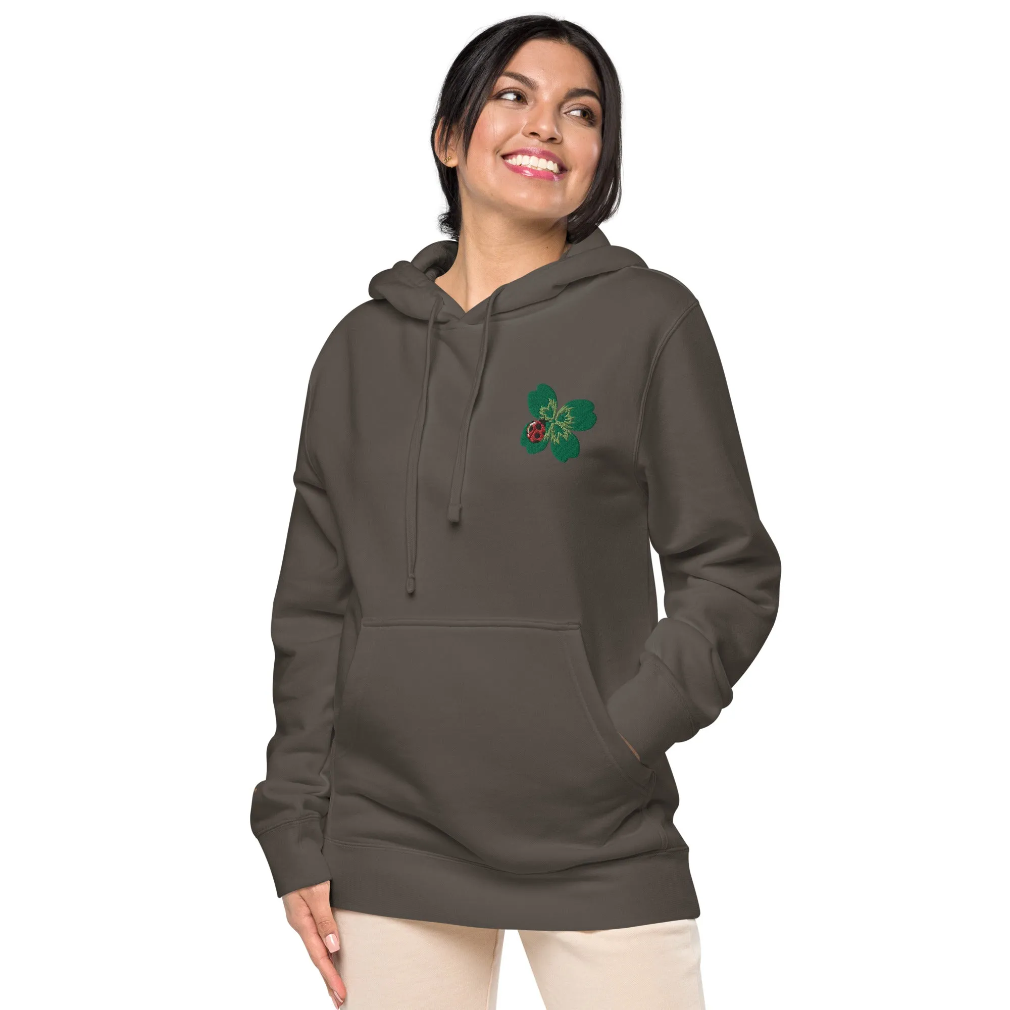 Ladybug Floral Embroidered Design Unisex Pigment-Dyed Hoodie