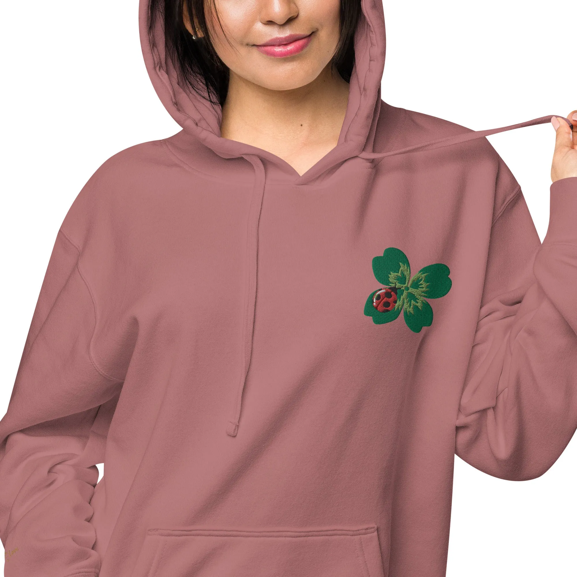 Ladybug Floral Embroidered Design Unisex Pigment-Dyed Hoodie