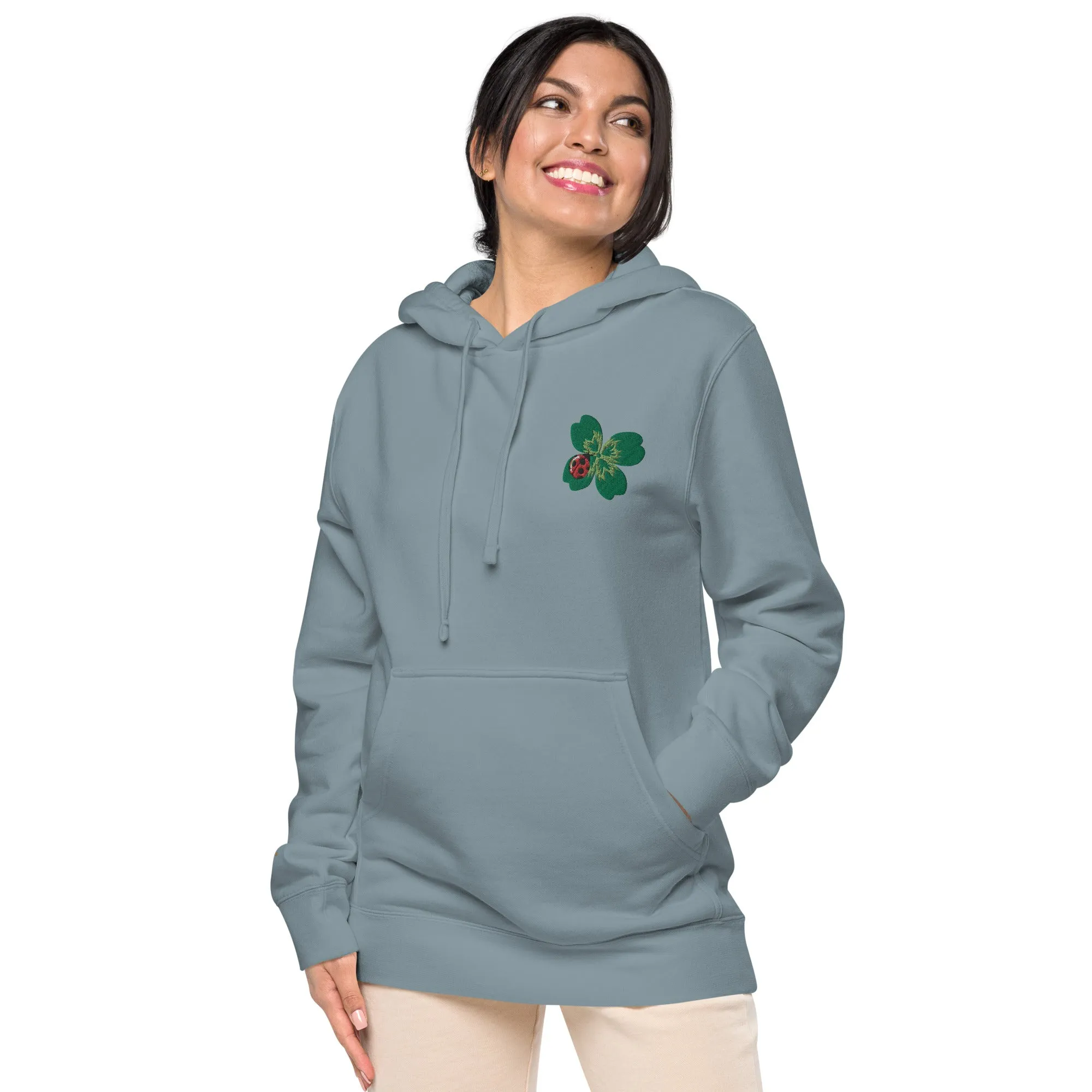 Ladybug Floral Embroidered Design Unisex Pigment-Dyed Hoodie