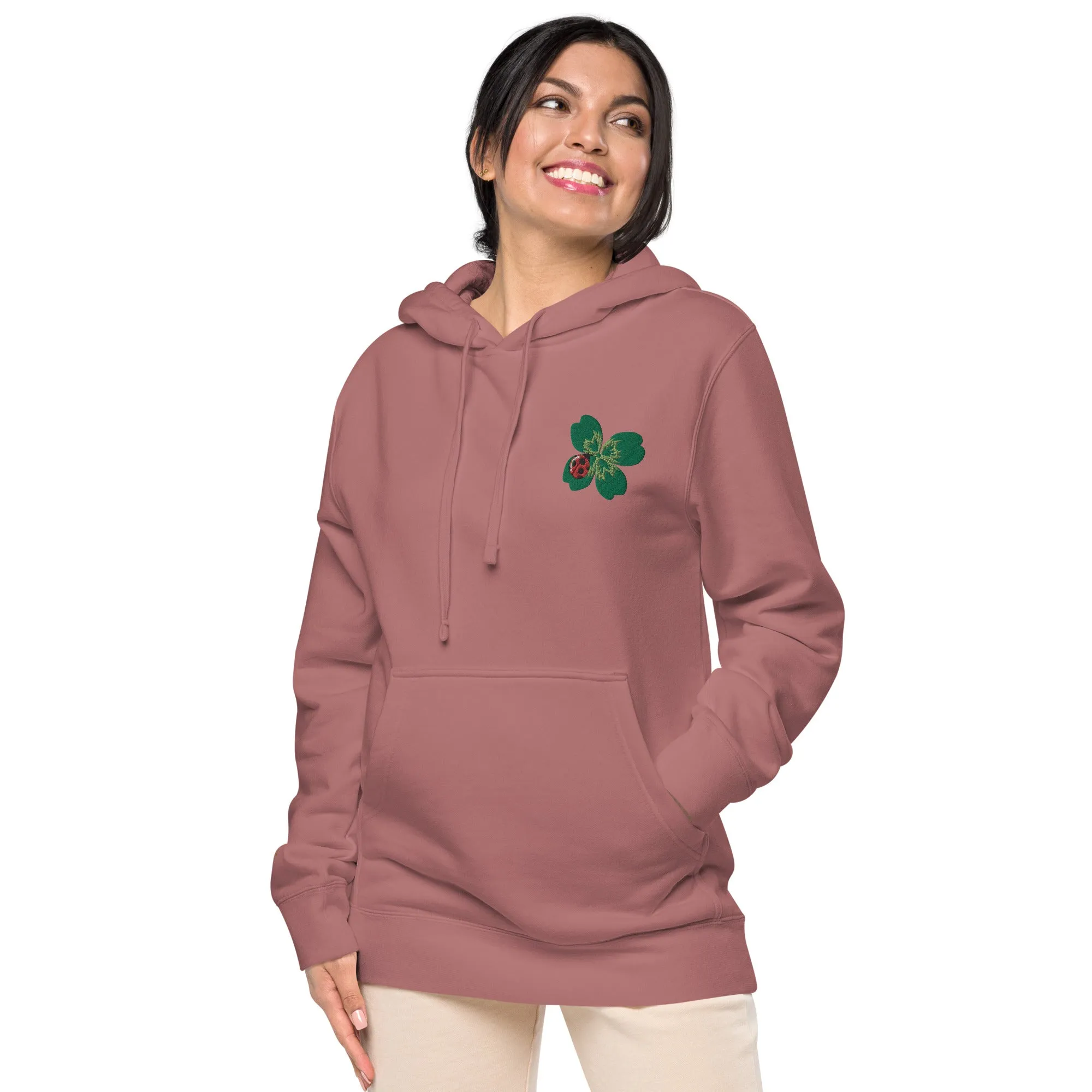 Ladybug Floral Embroidered Design Unisex Pigment-Dyed Hoodie
