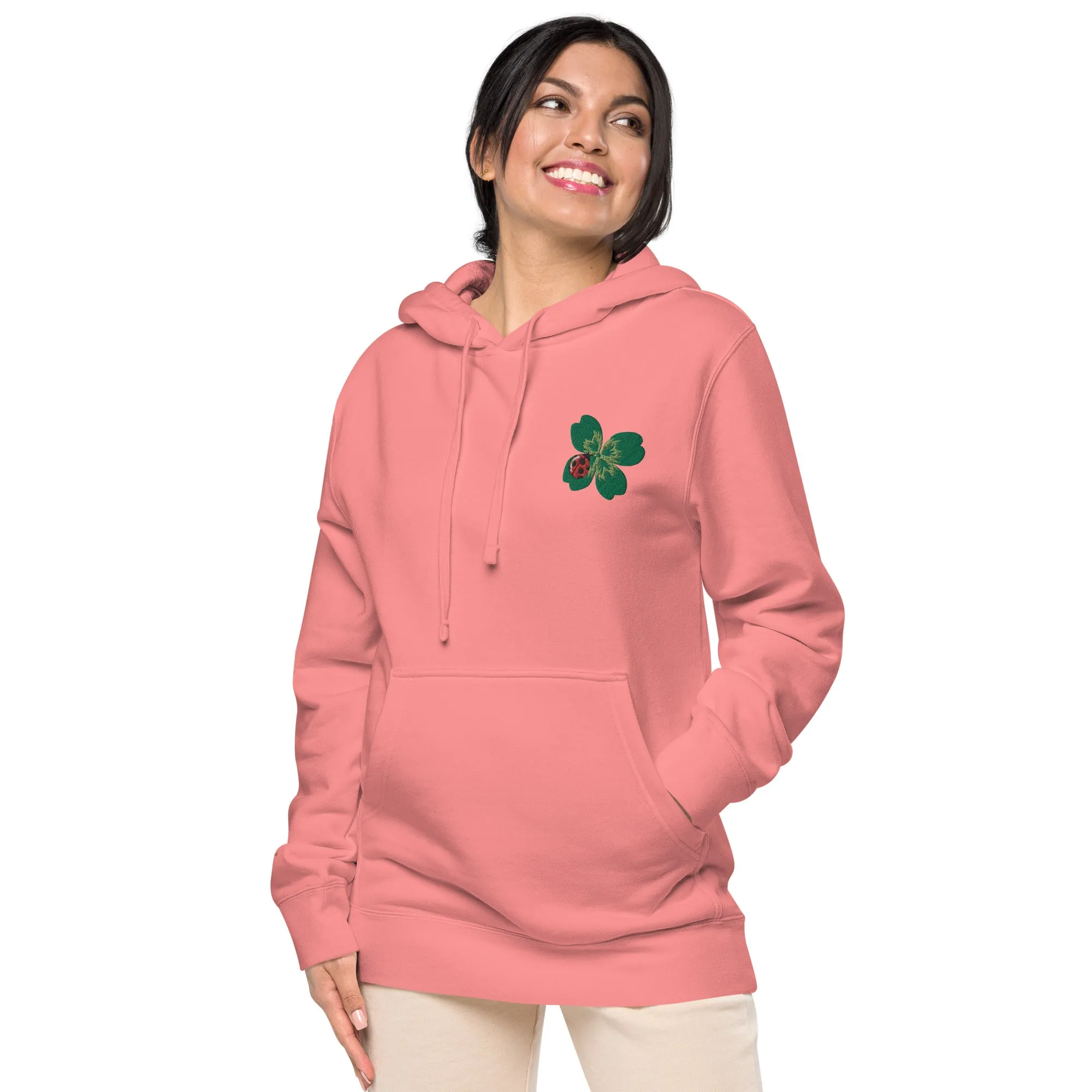 Ladybug Floral Embroidered Design Unisex Pigment-Dyed Hoodie