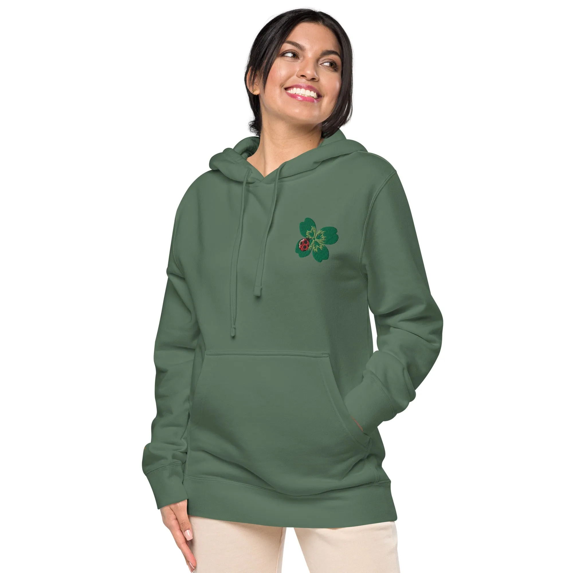 Ladybug Floral Embroidered Design Unisex Pigment-Dyed Hoodie