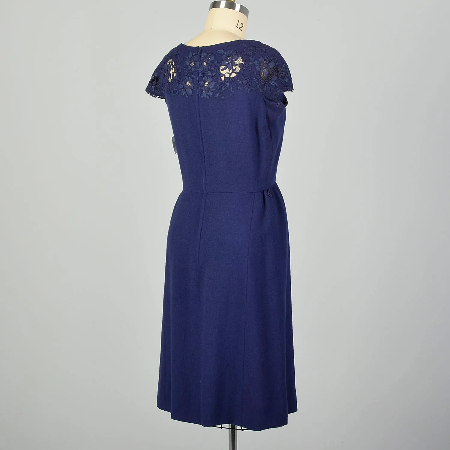 Large 1950s Blue Knit Dress with Lace Neckline Monochrome Harvey Berin