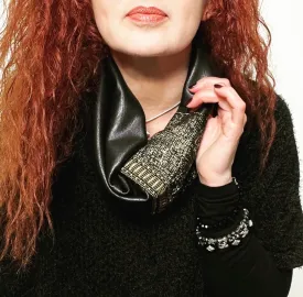 Luxe Collar - Loop Scarf - Faux Leather - Black & Gold With Braid Trim