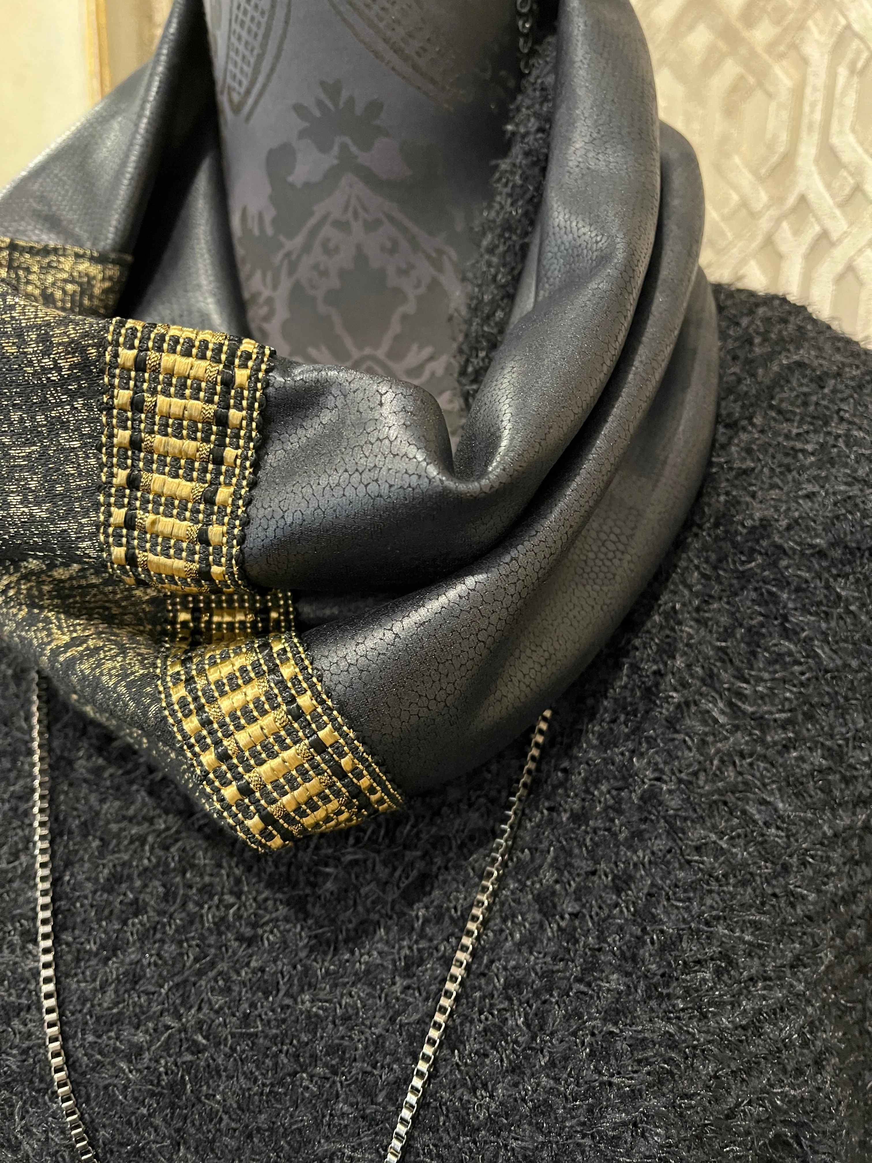 Luxe Collar - Loop Scarf - Faux Leather - Black & Gold With Braid Trim