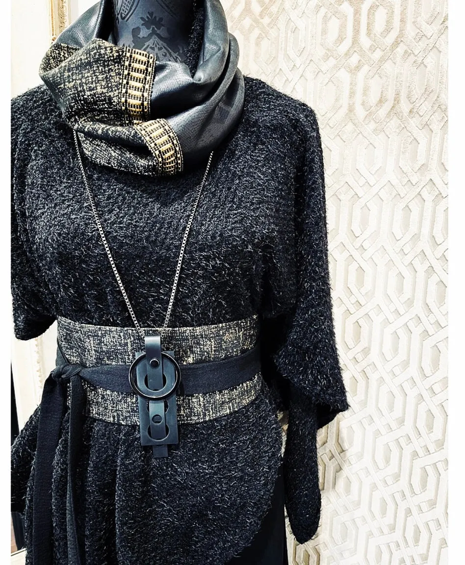 Luxe Collar - Loop Scarf - Faux Leather - Black & Gold With Braid Trim