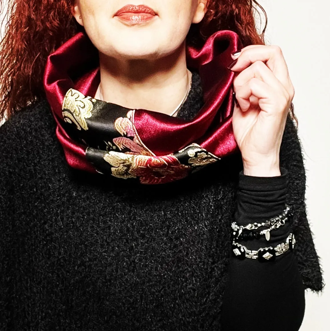 Luxe Collar - Loop Scarf - Wine Velvet - Luxe Brocade Trim