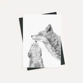 Mama fox with cub - kissing - Black and White - greeting card