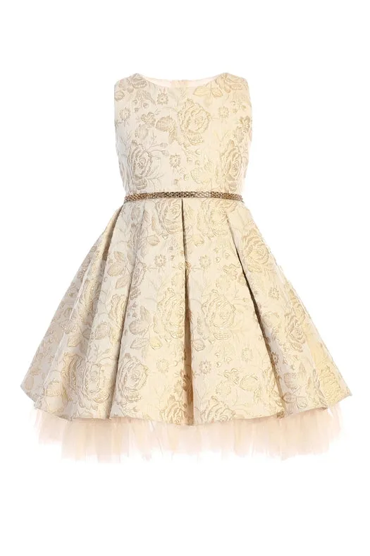 Metallic Floral Pleated Jacquard w/ Peek A Boo Tulle