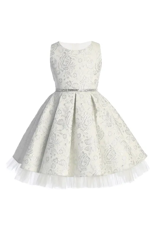 Metallic Floral Pleated Jacquard w/ Peek A Boo Tulle