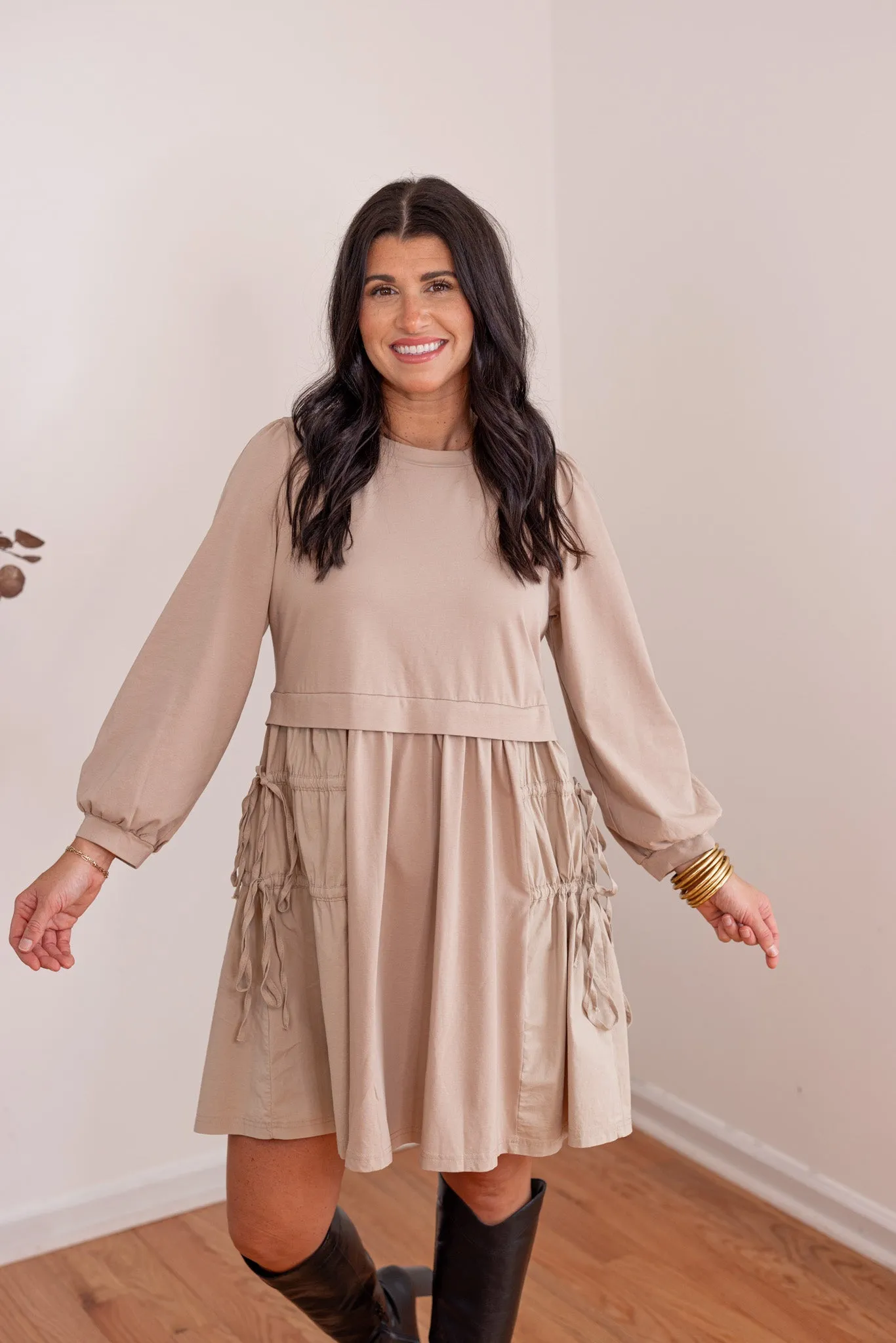 Monochromatic Perfection Taupe Cinch Dress