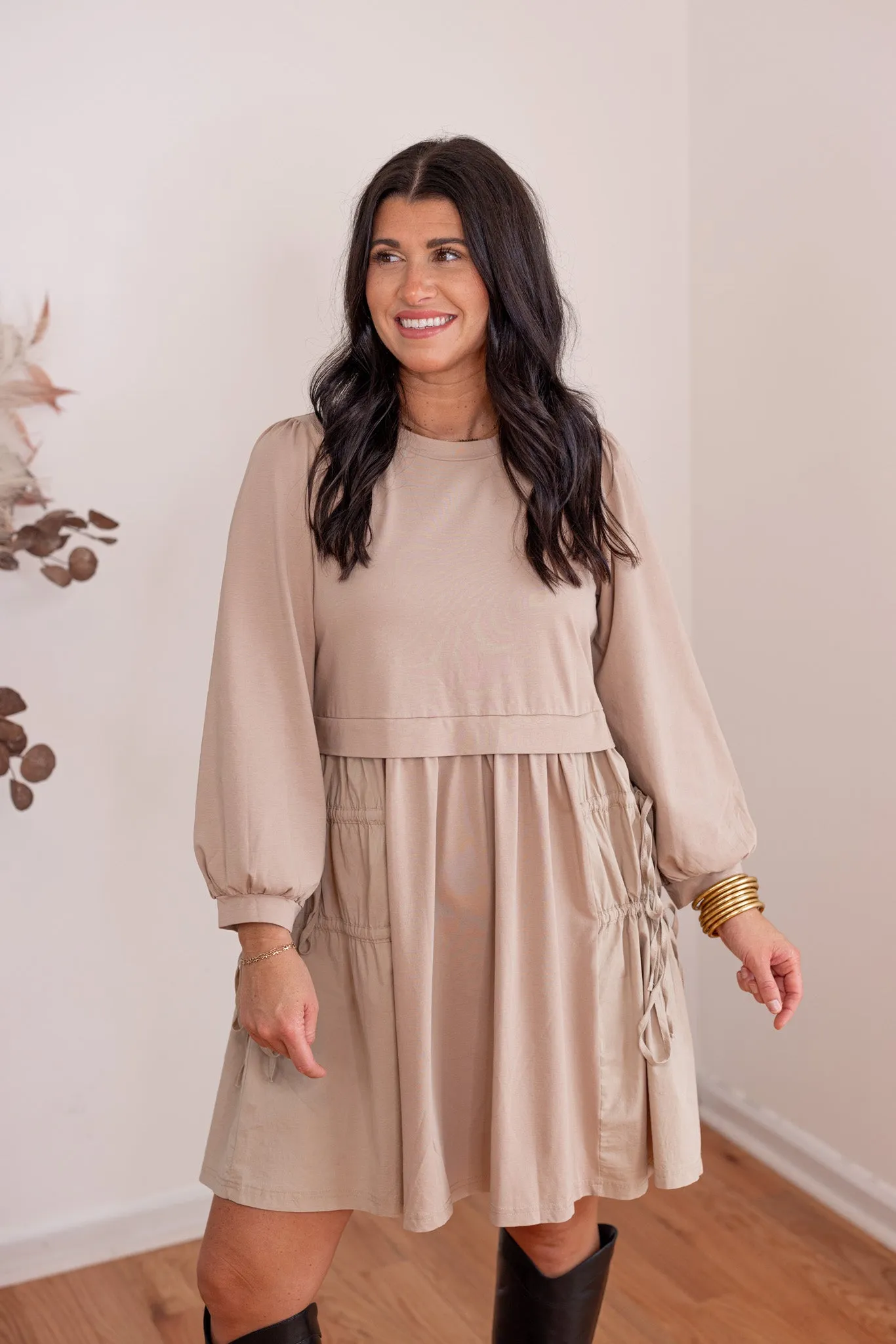 Monochromatic Perfection Taupe Cinch Dress