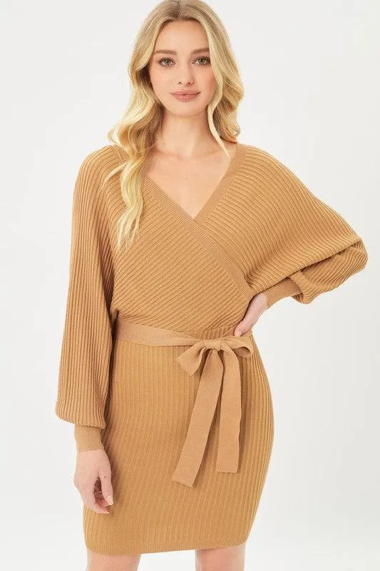 Off Shoulder Wrap Belted Ribbed Knit Dress