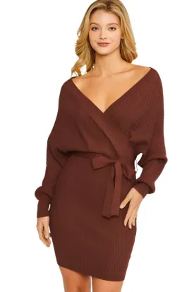 Off Shoulder Wrap Belted Ribbed Knit Dress