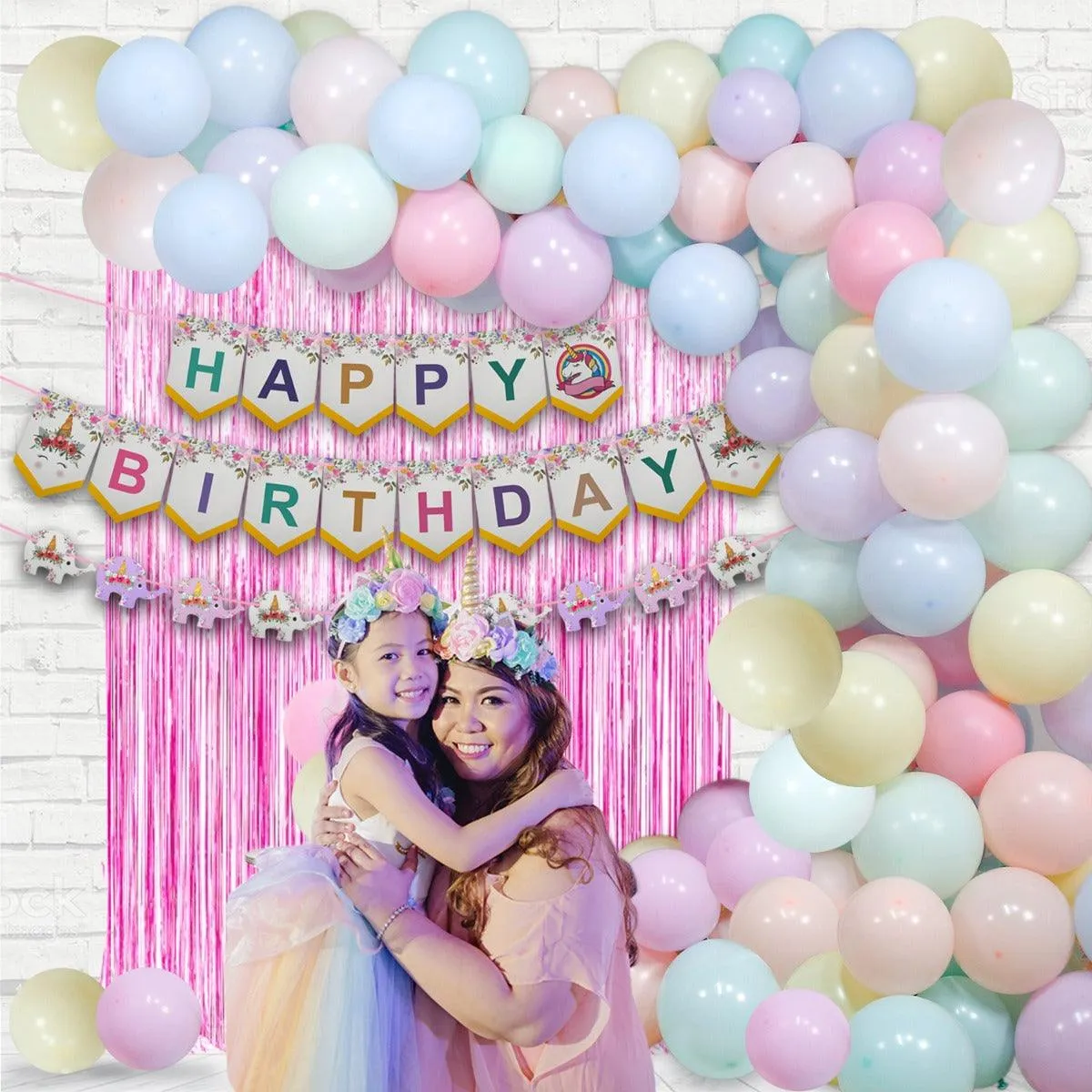PartyCorp Happy Birthday Decoration Kit Combo 70 Pcs - Pink, Green, Blue, Yellow, Purple & Orange Pastel Balloons, Happy Birthday Bannner, Elephant Pennant Banner, Pink Curtain