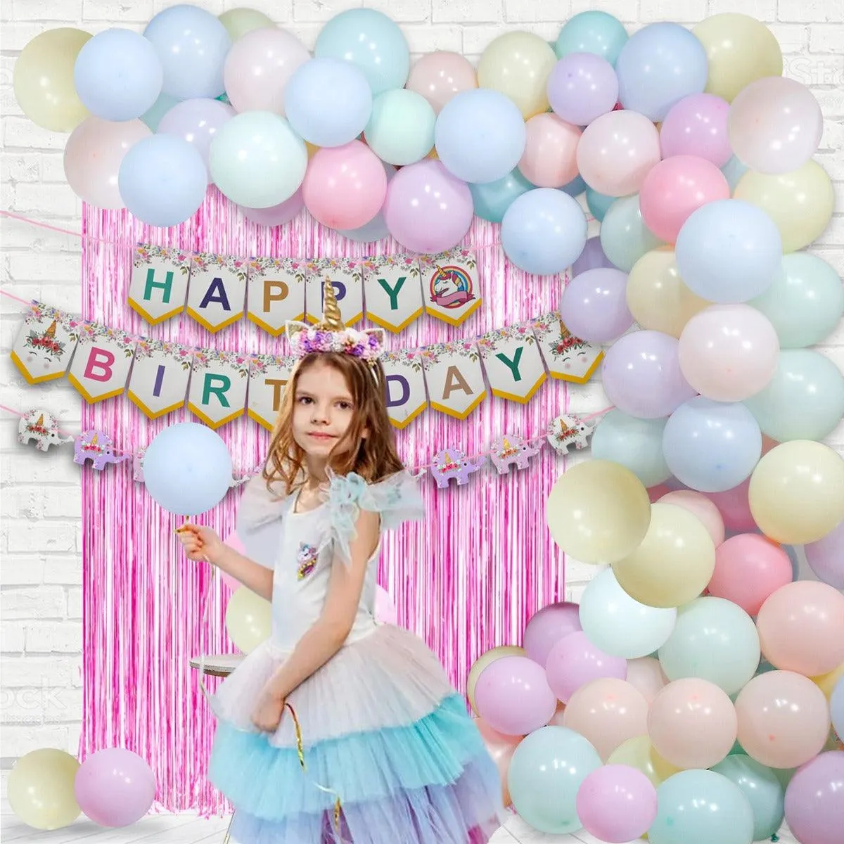 PartyCorp Happy Birthday Decoration Kit Combo 70 Pcs - Pink, Green, Blue, Yellow, Purple & Orange Pastel Balloons, Happy Birthday Bannner, Elephant Pennant Banner, Pink Curtain