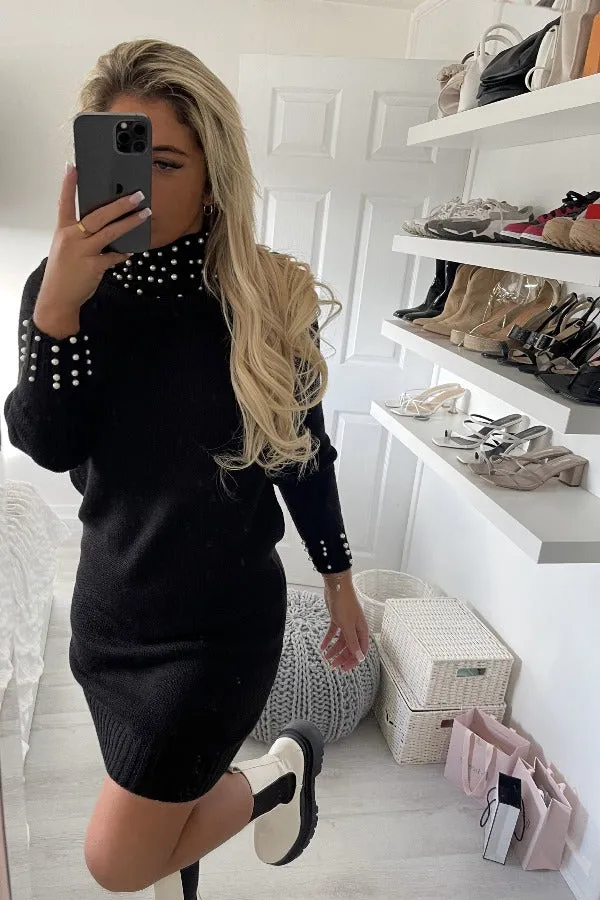 PEARL HIGH NECK BLACK KNITTED MIDI JUMPER DRESS