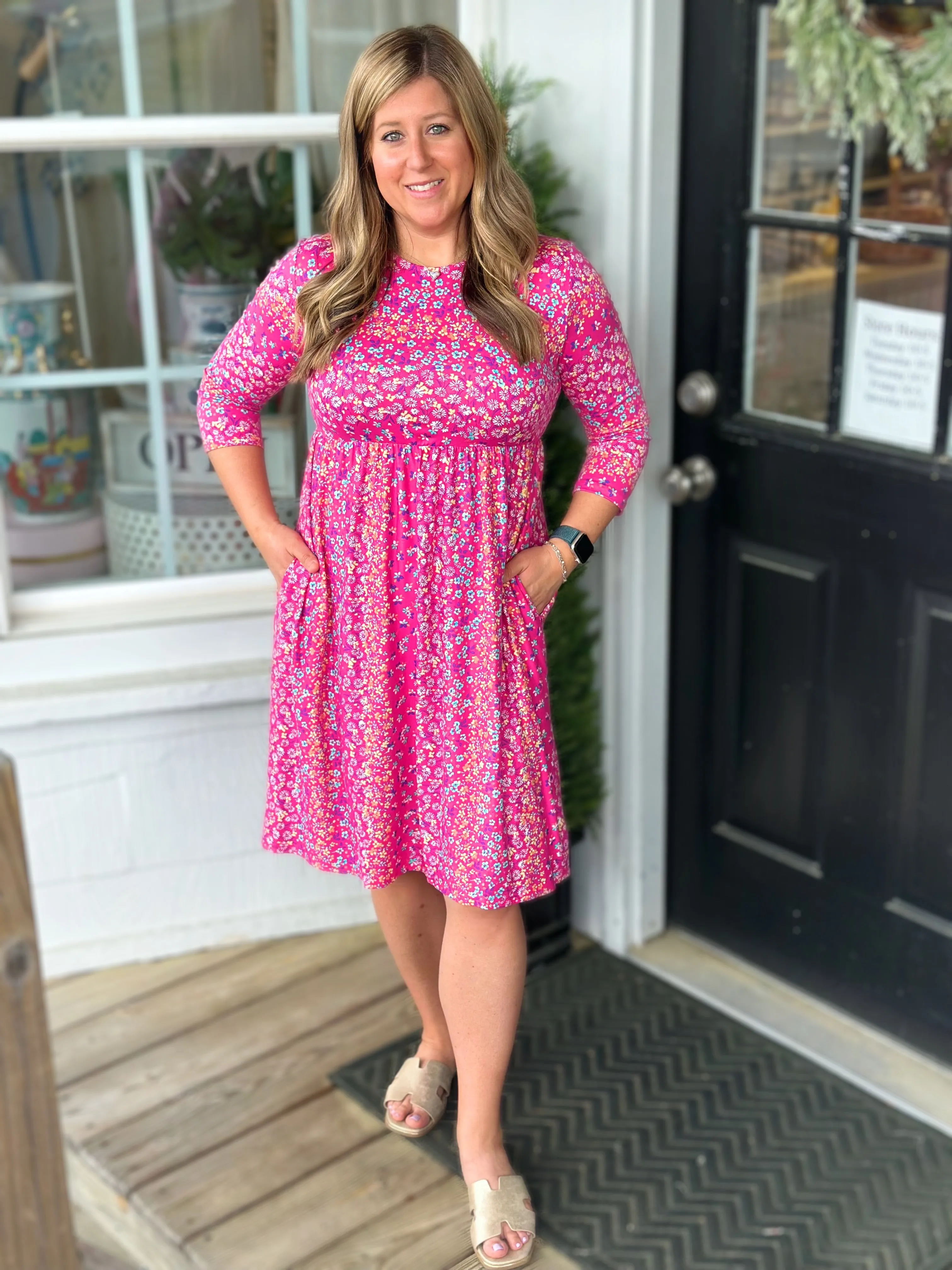 Pink Ditsy Floral Knee Length Dress