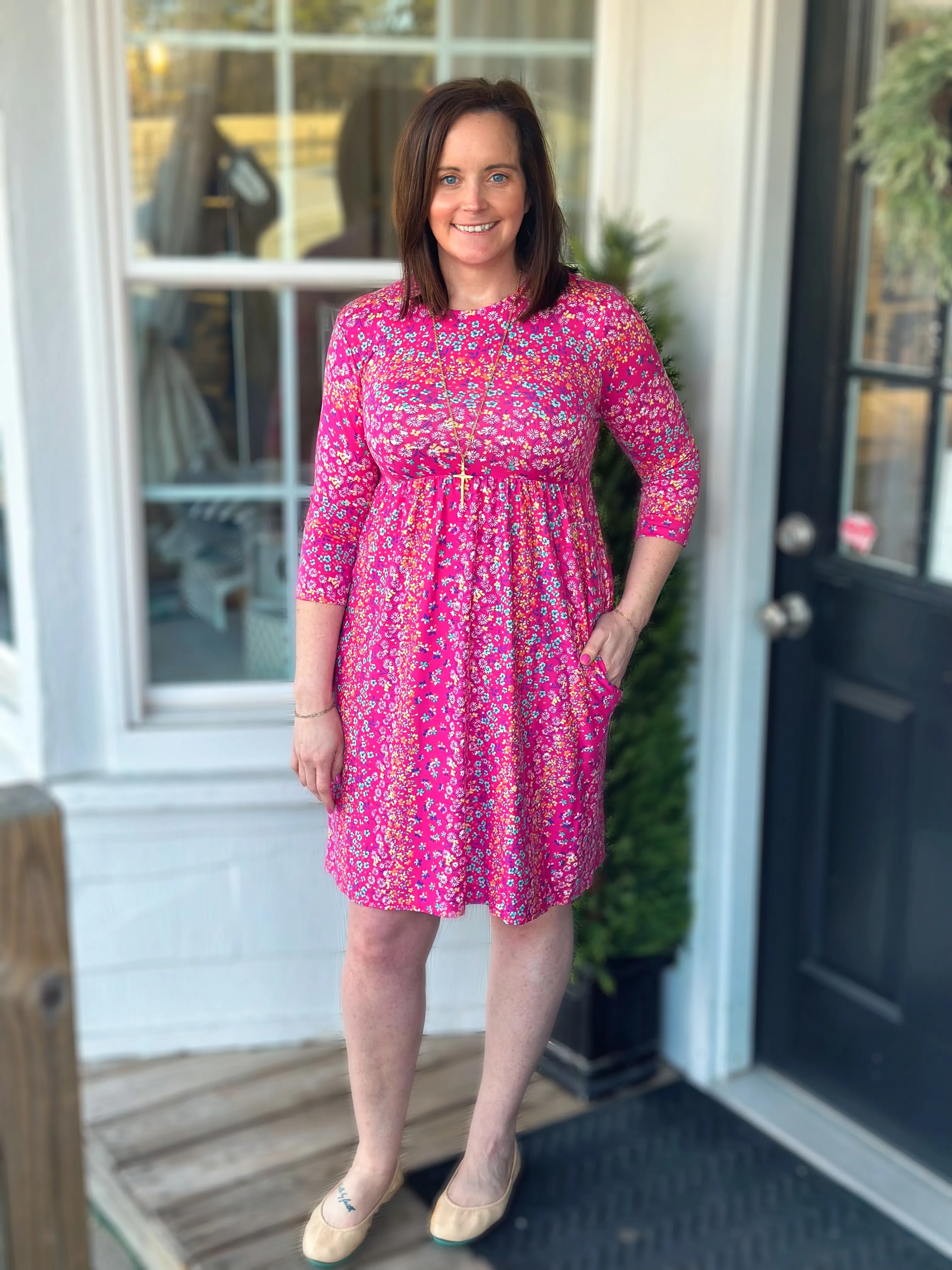 Pink Ditsy Floral Knee Length Dress